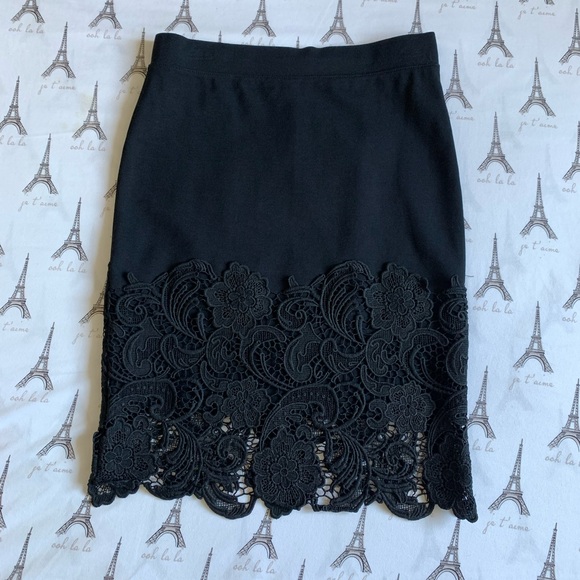 HAUTE MONDE LACE DETAIL BLACK MIDI PENCIL SKIRT SIZE M - Picture 2 of 5
